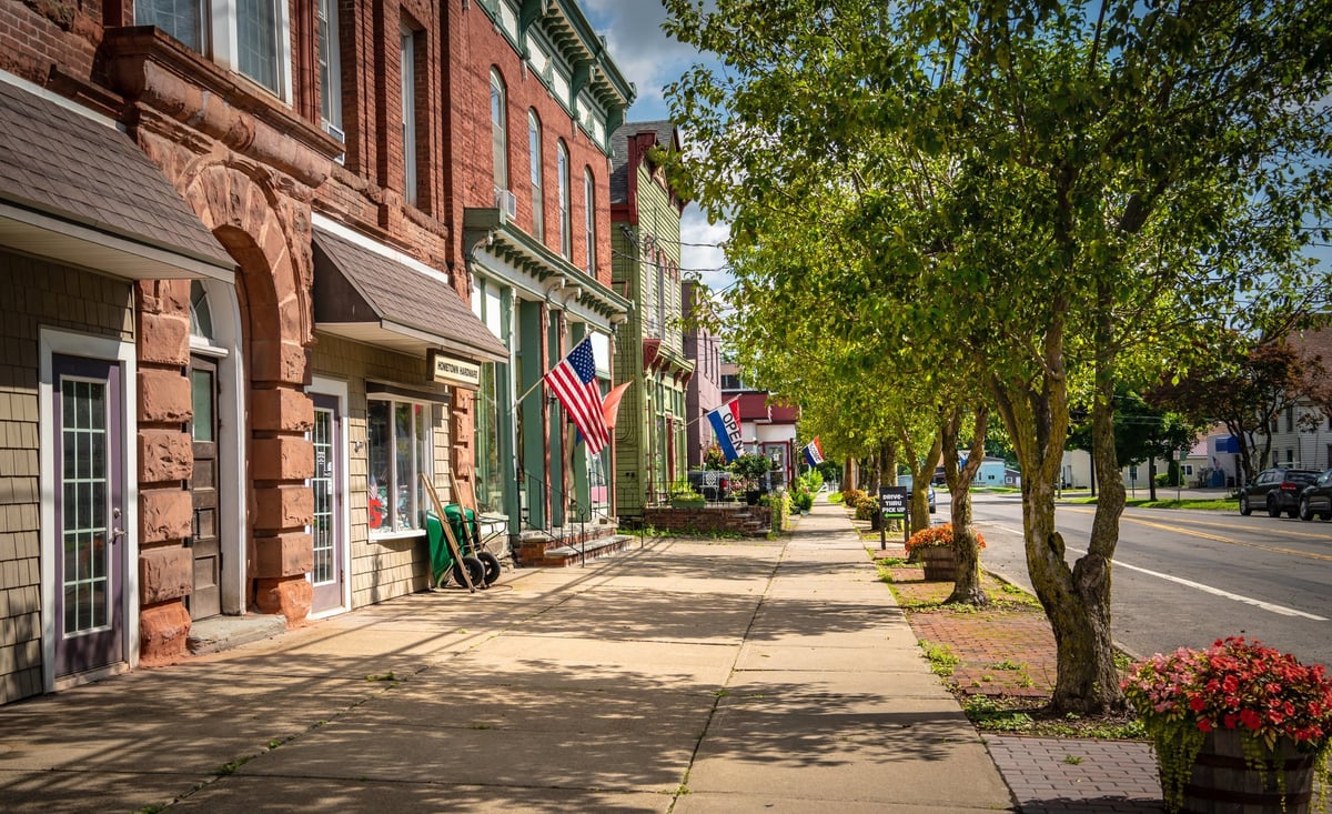 Main street U.S.A. store fronts on a summer day in a small town