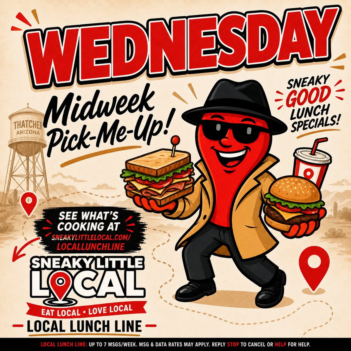 Retro-style Wednesday lunch promotion featuring a red character holding a sandwich and burger, advertising Midweek Pick-Me-Up and Sneaky Little Local lunch specials