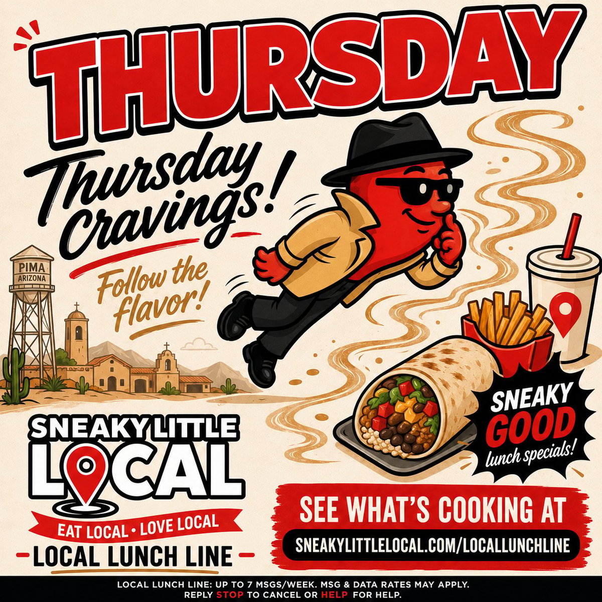 Colorful Thursday Cravings promotional poster for Sneaky Little Local restaurant featuring a red cartoon character with food and call-to-action text