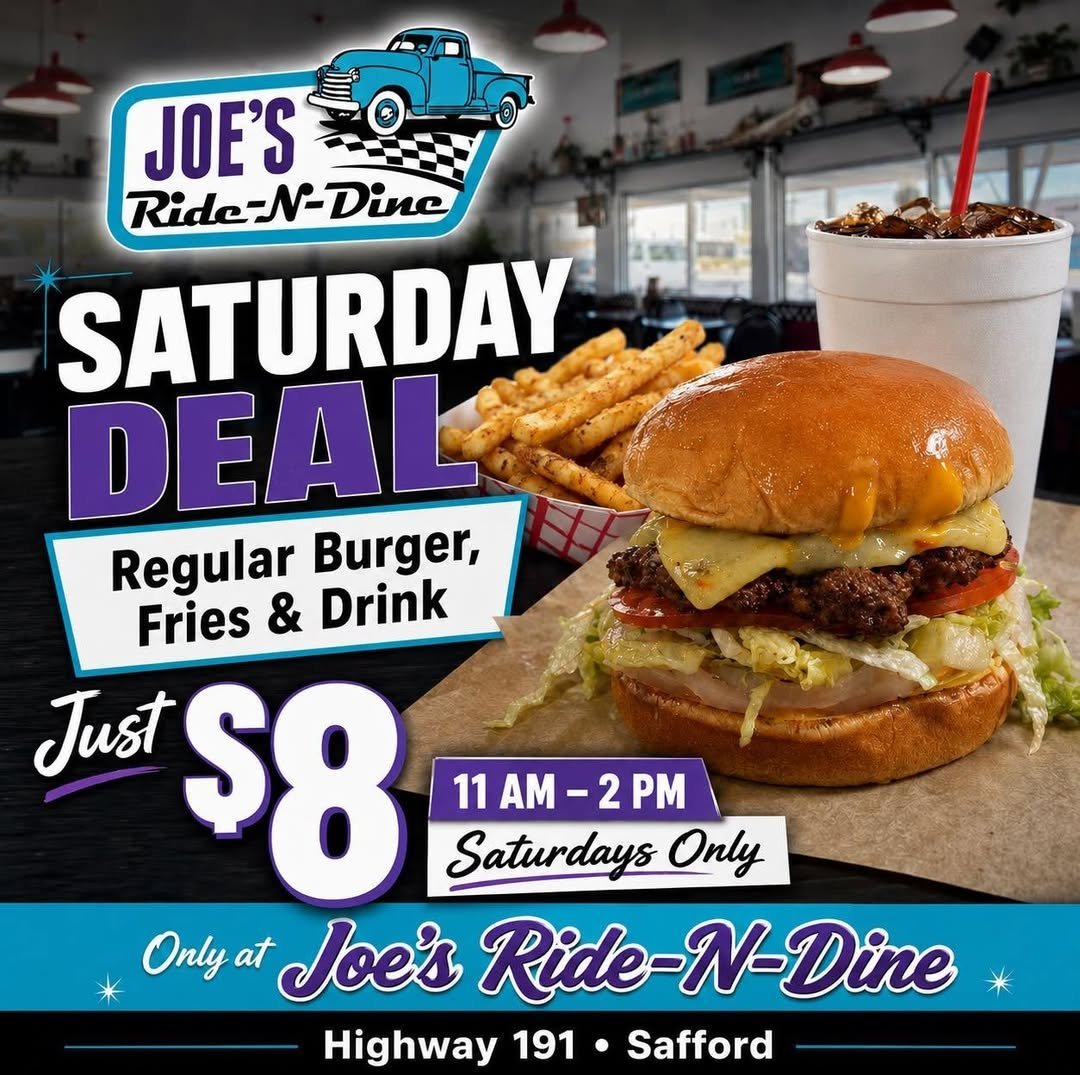 Joes Ride-N-Dine Saturday Deal promotional poster featuring a burger with fries and drink for $8, 11 AM - 2 PM on Saturdays only